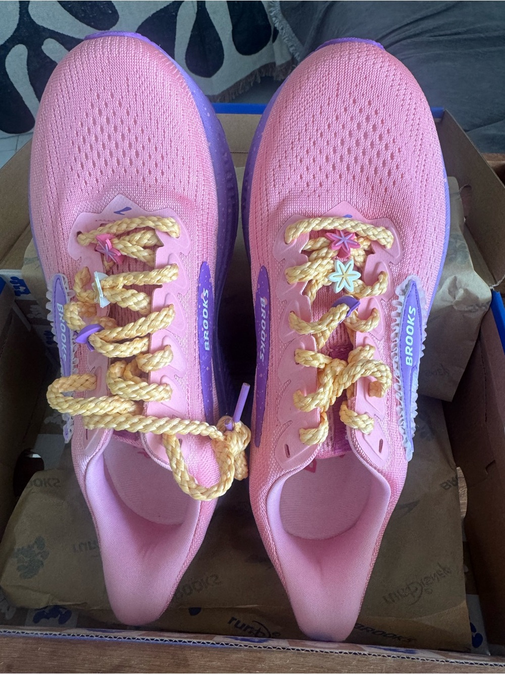 Brooks Pink and Purple Running Sneakers with Yellow Braided Laces